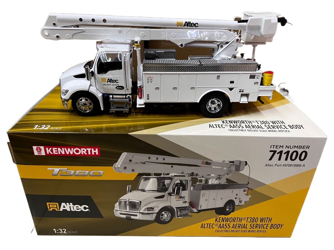 DM 1/32 Xe nâng người làm việc trên cao Kenworth T380 bằng hợp kim, mô hình xe công trình 71100
